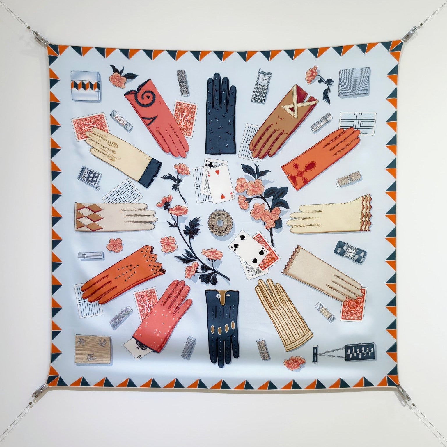 HM 26s Horse Scarf 90 Baby Blue Colorful Cashmere Silk 134430