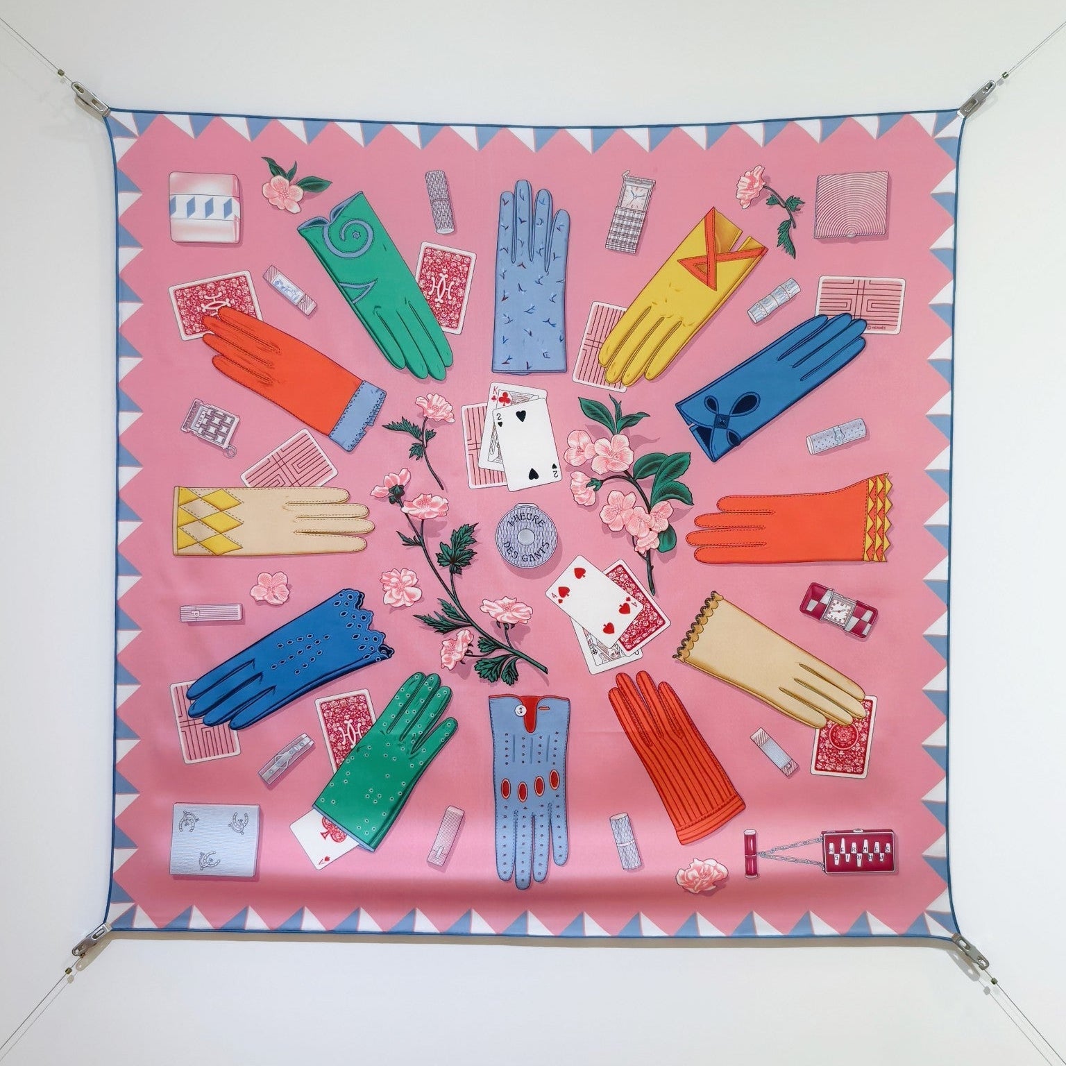 HM 26s Horse Scarf 90 Pink Colorful Cashmere Silk 134431