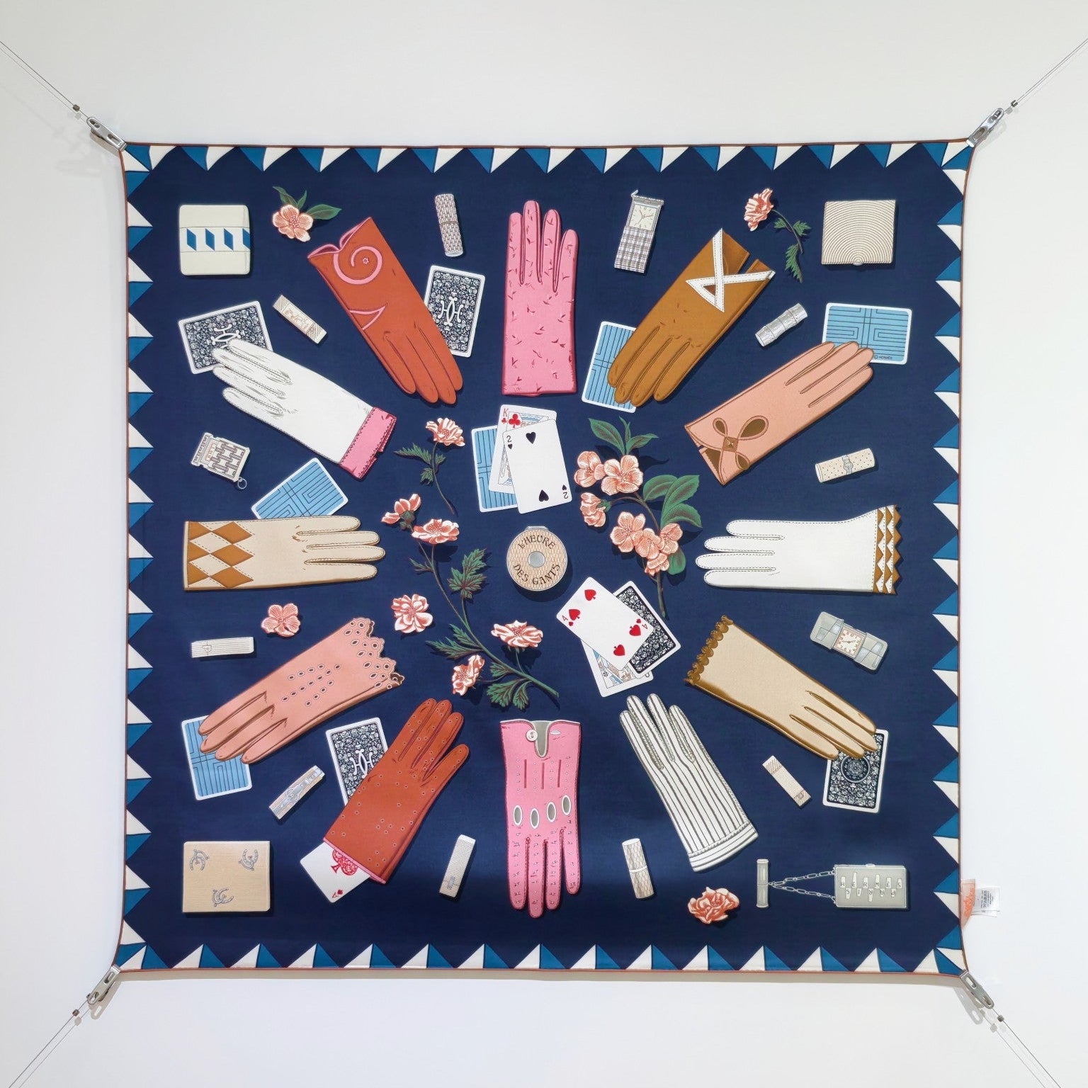 HM 26s Horse Scarf 90 Navy Blue Colorful Cashmere Silk 134432