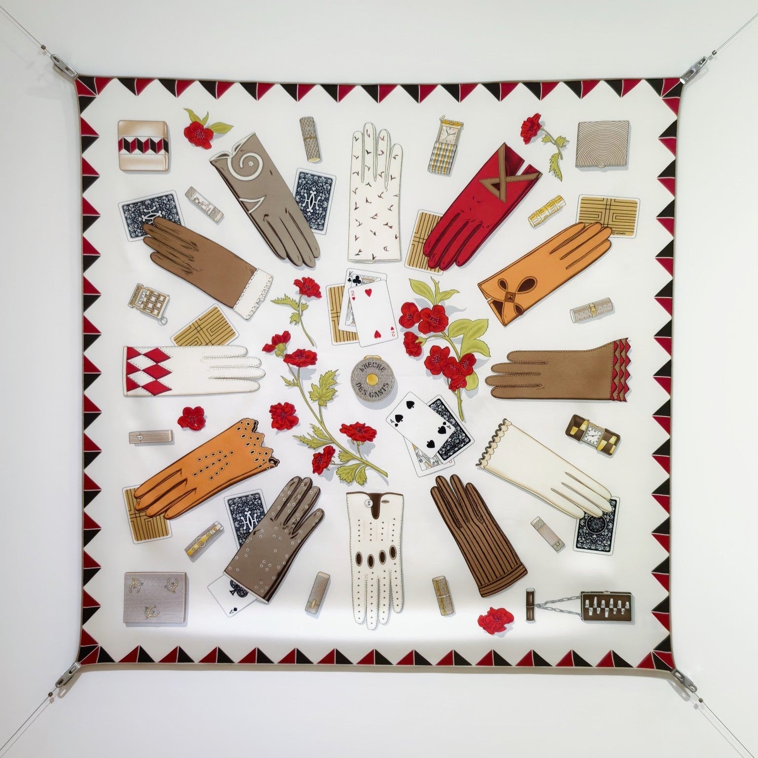 HM 26s Horse Scarf 90 White Brown Colorful Cashmere Silk 134433