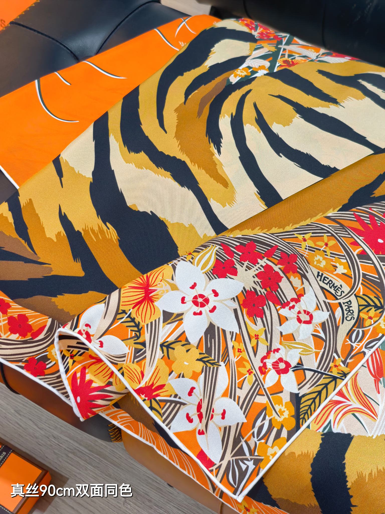 HM Tiger in Full Bloom 90 CM Orange Colorful  Cashmere and Silk 293068