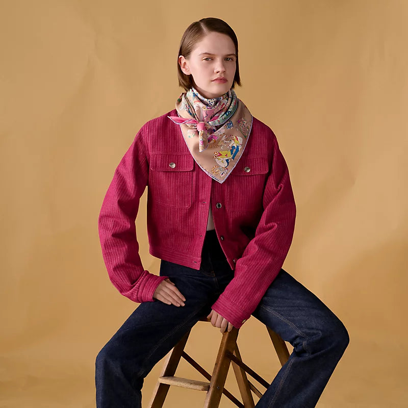 HM 26s Horse Scarf 90 Beige Pink Colorful Cashmere Silk 139217