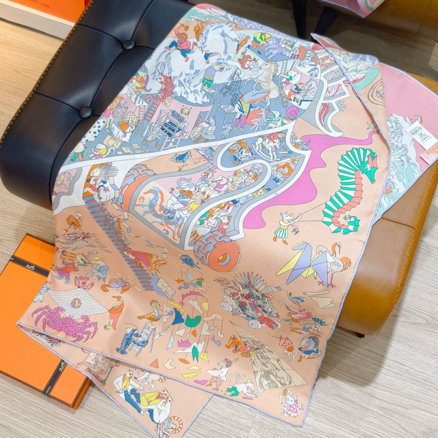 HM 26s Horse Scarf 90 Beige Pink Colorful Cashmere Silk 139217