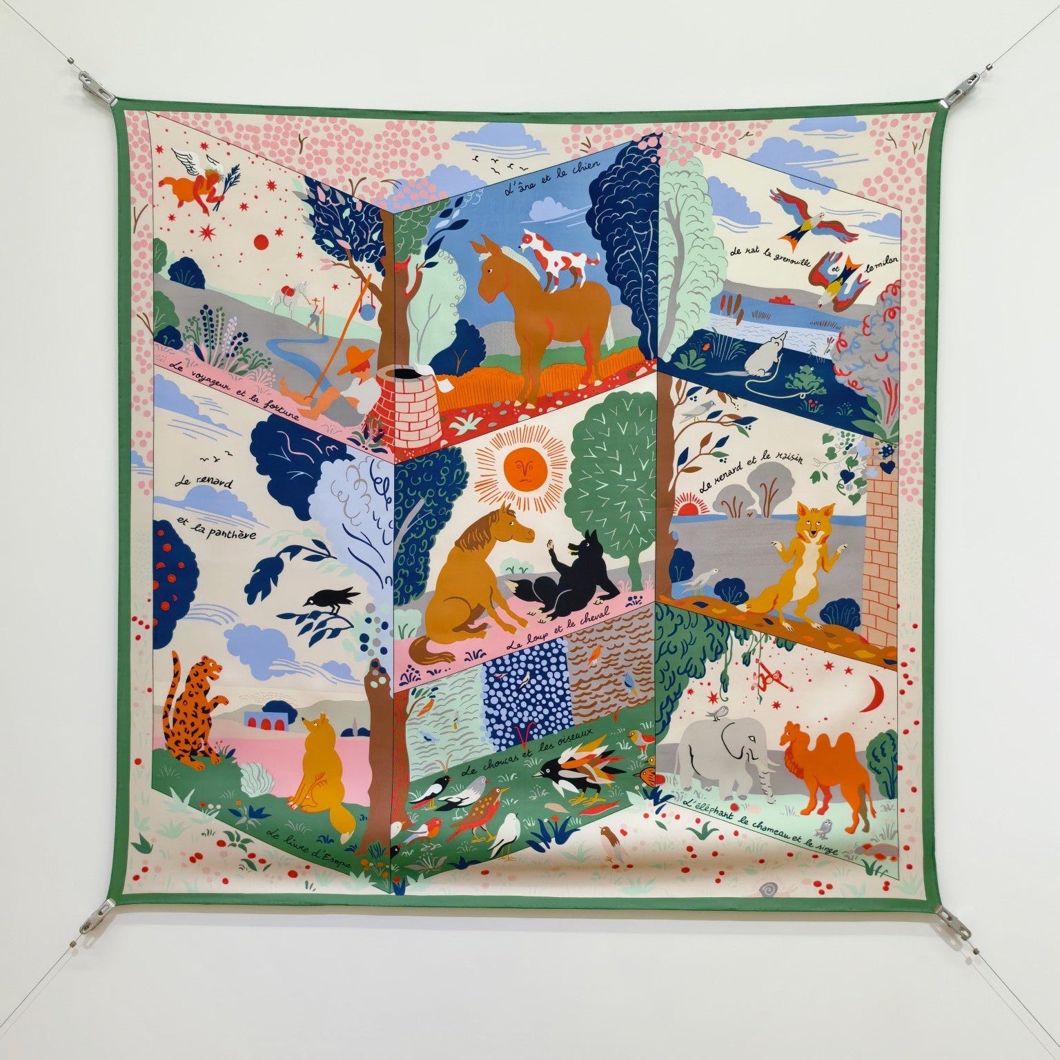 HM 26ss Amazon  Scarf 90 Green Beige Colorful Twill Silk 130285