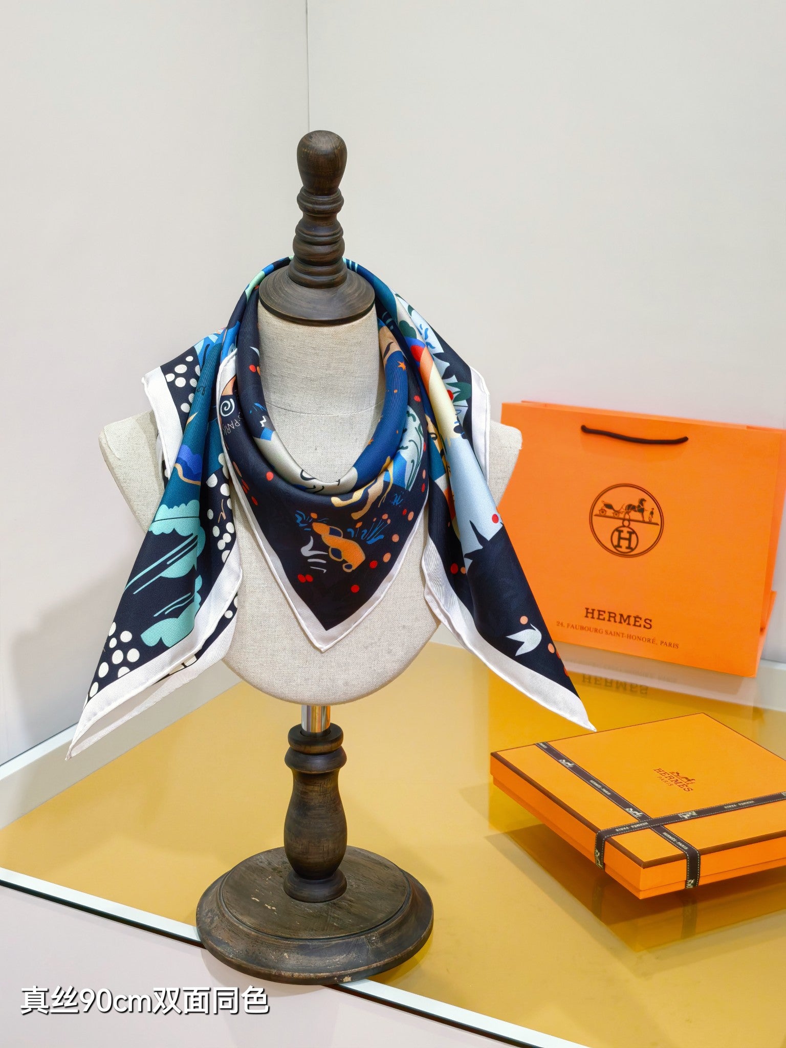 HM 26ss Amazon  Scarf 90 Black Blue Colorful Twill Silk 130286