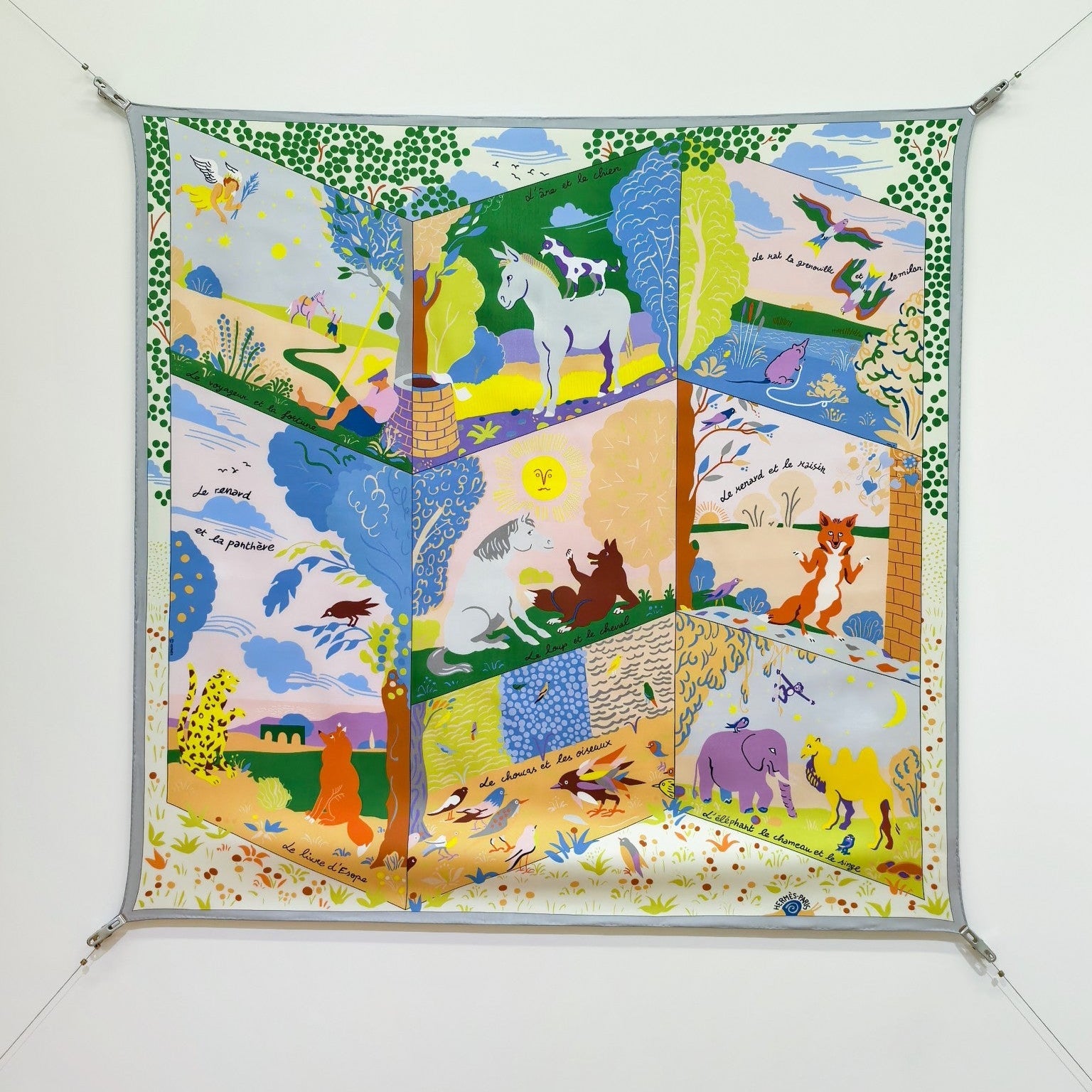 HM 26ss Amazon  Scarf 90 Green Blue Colorful Twill Silk 130287