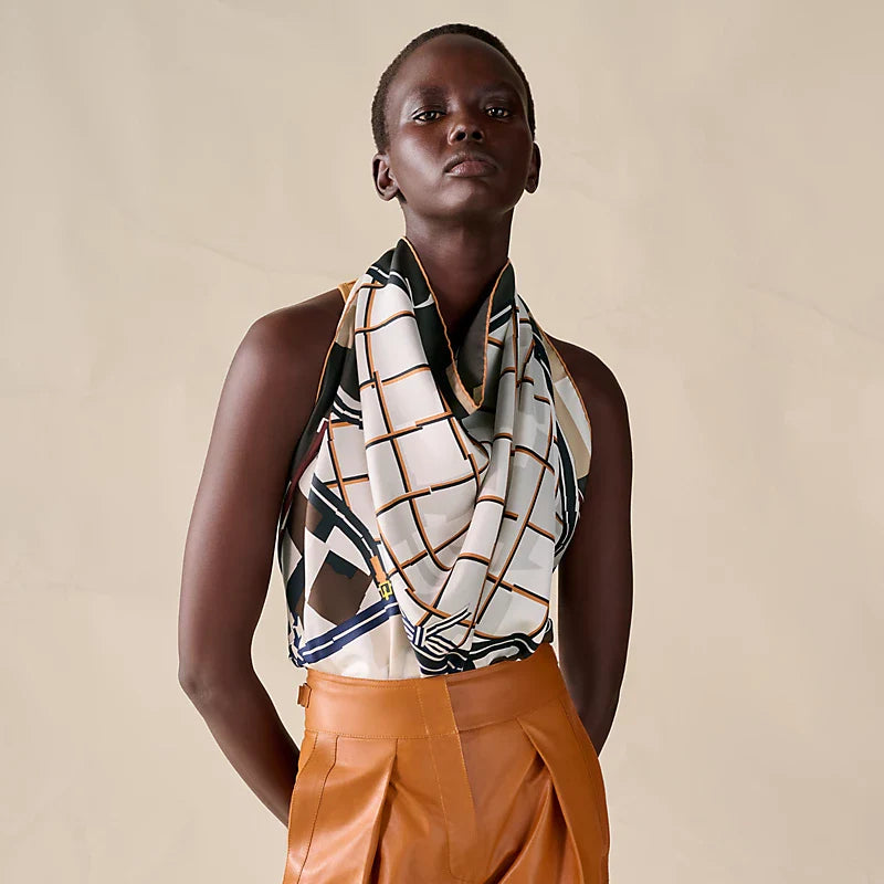 HM 26s Horse Scarf 90 Navy Blue White Brown Cashmere Silk 134438