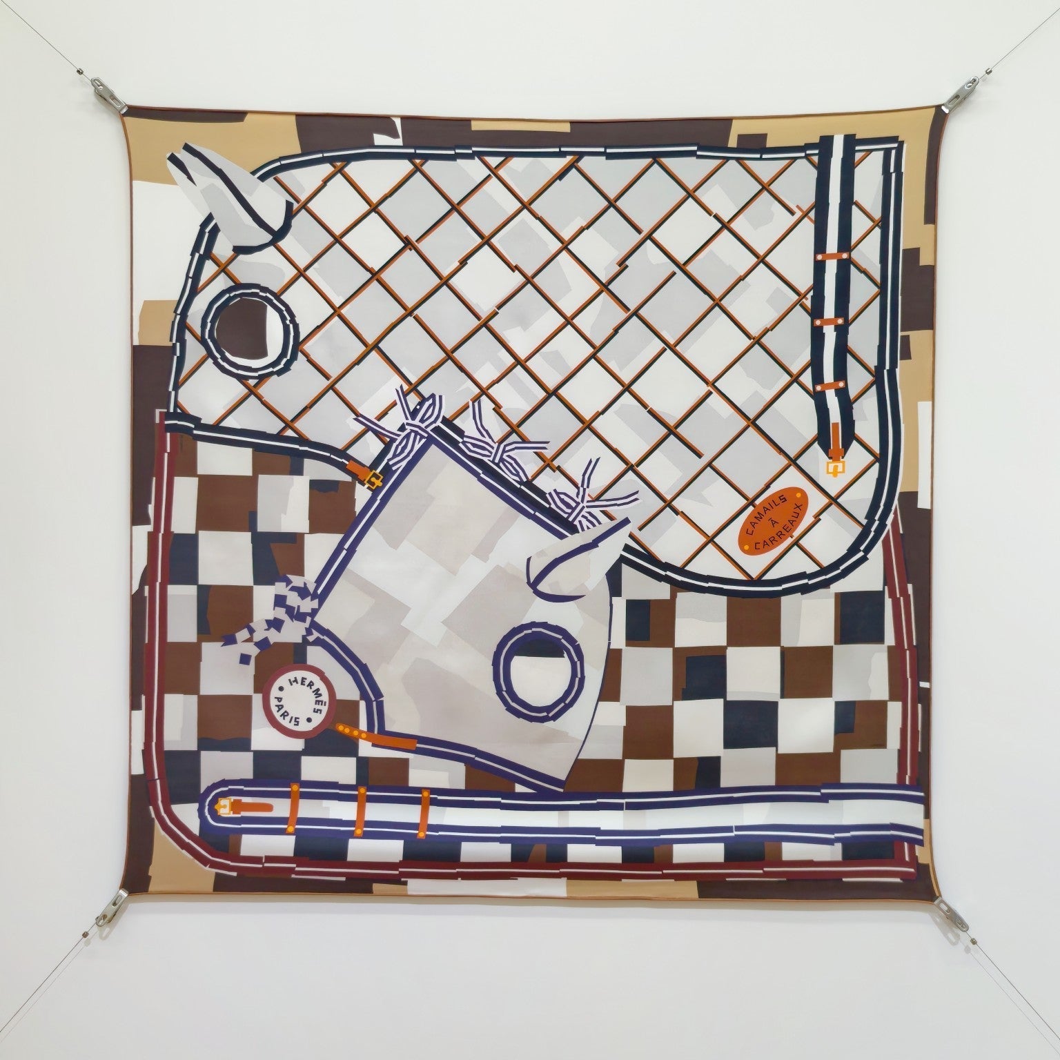 HM 26s Horse Scarf 90 Navy Blue White Brown Cashmere Silk 134438