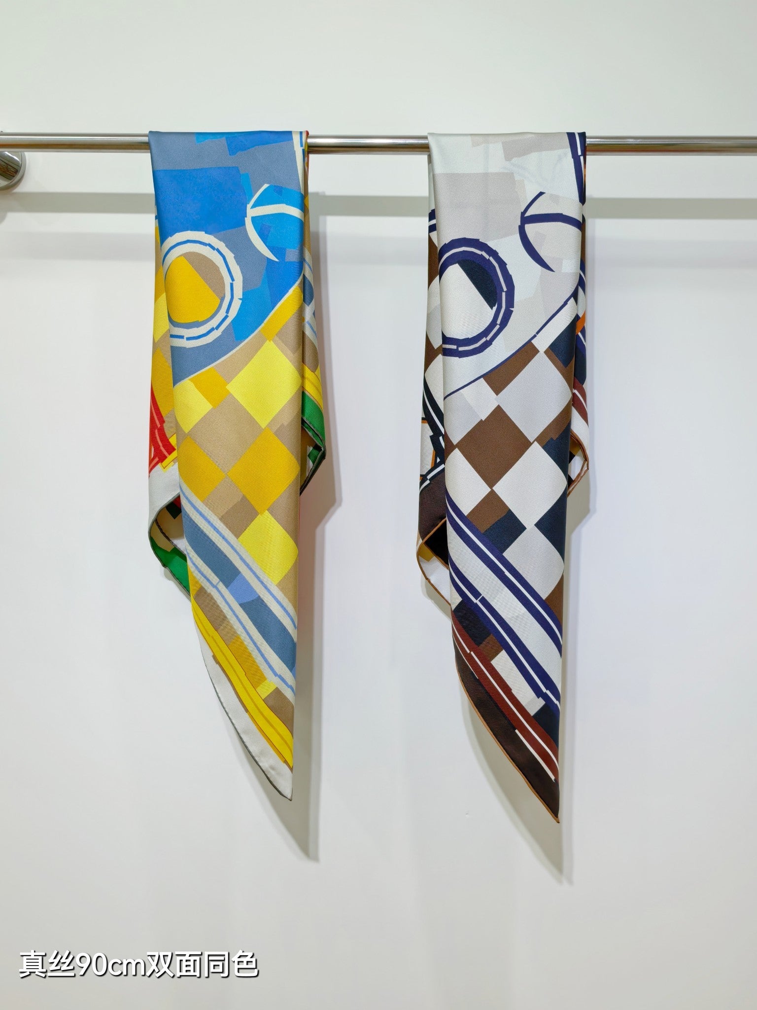 HM 26s Horse Scarf 90 Navy Blue White Brown Cashmere Silk 134438