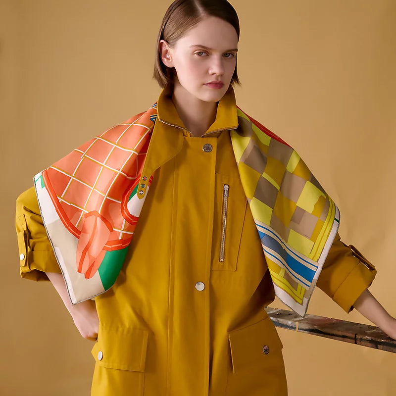 HM 26s Horse Scarf 90 Yellow Orange Colorful Cashmere Silk 134440