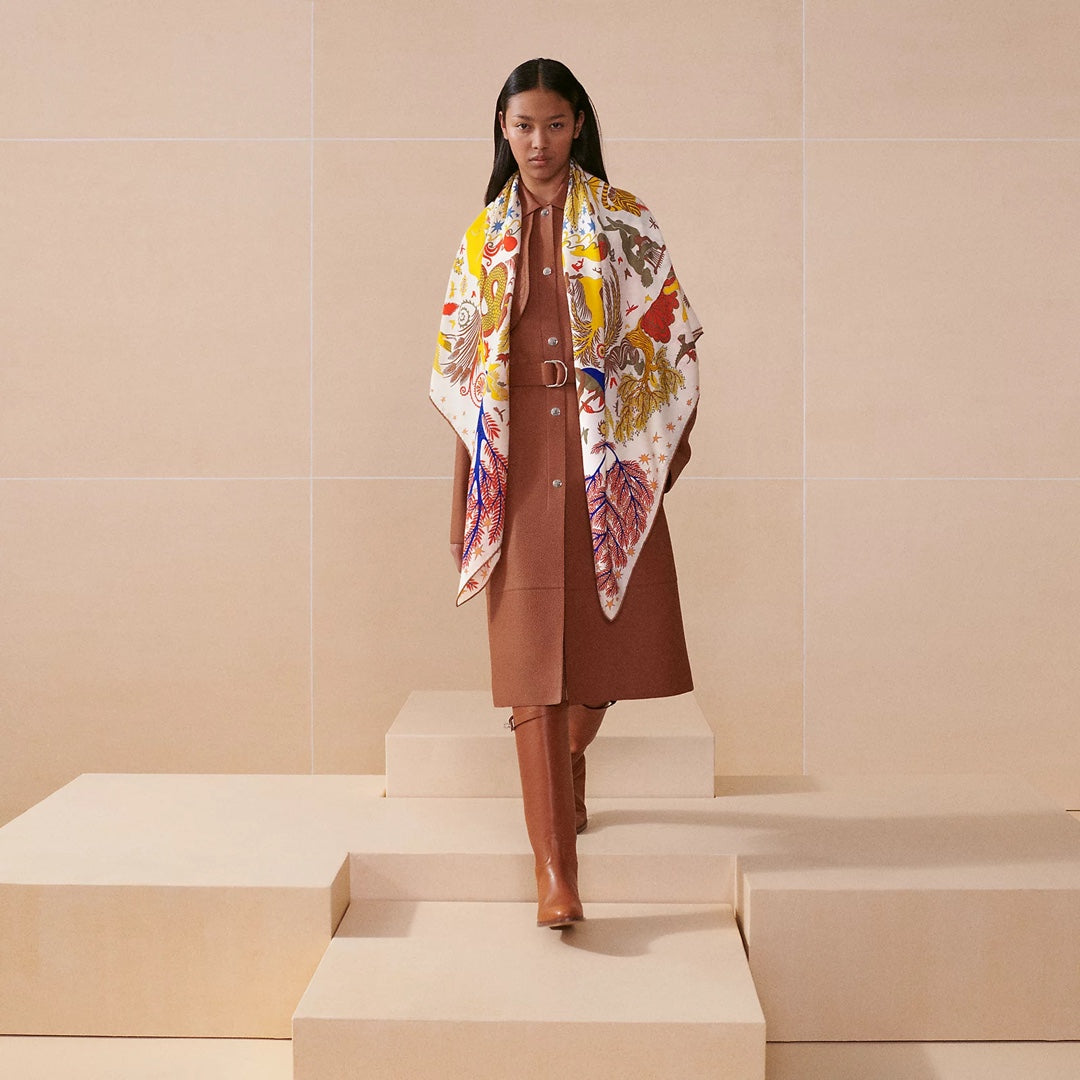 HM 26s Horse Scarf 90 Yellow Colorful Cashmere Silk 138082