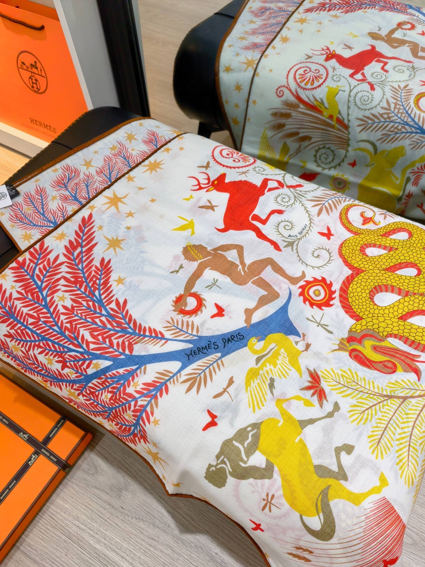 HM 26s Horse Scarf 90 Yellow Colorful Cashmere Silk 138082