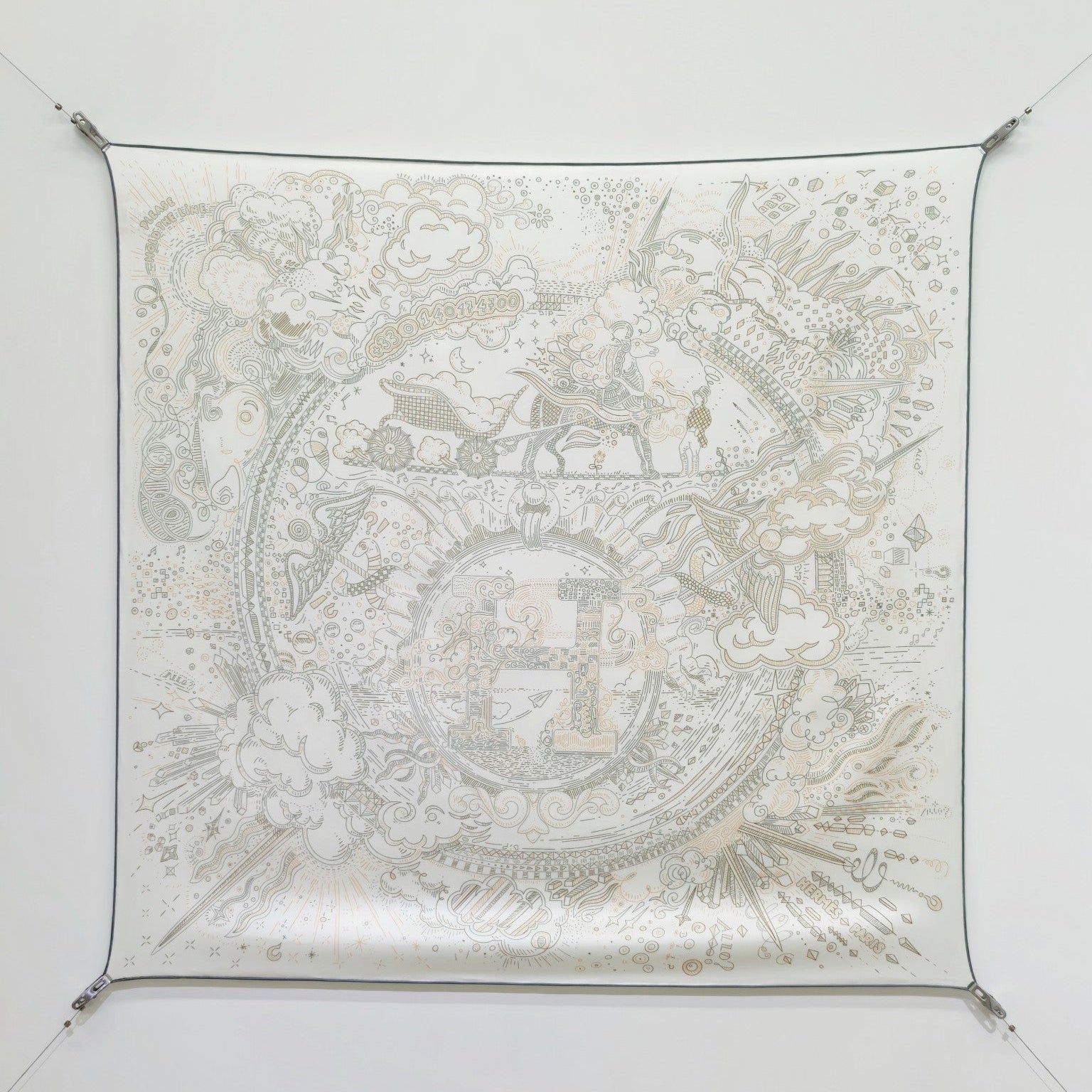 HM 26s 90 Double Sided Scarf White Gray Colorful Mulberry Silk 145752