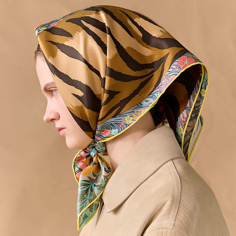 HM Tiger in Full Bloom 90 CM Beige Colorful  Cashmere and Silk 293067