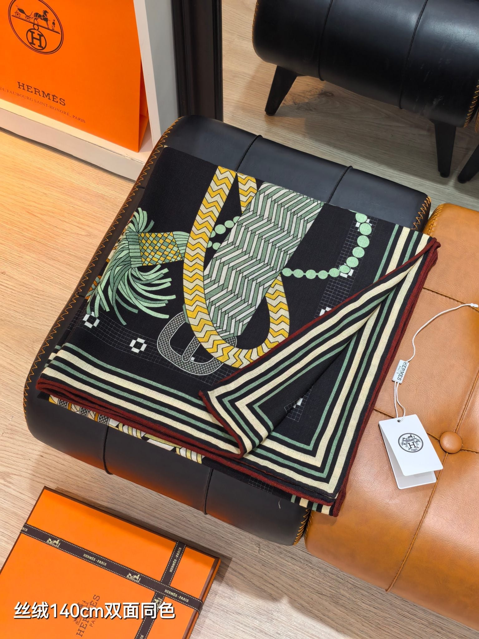 HM 26ss Double Sided Scarf 140 Black Beige Colorful Cashmere Silk 132451