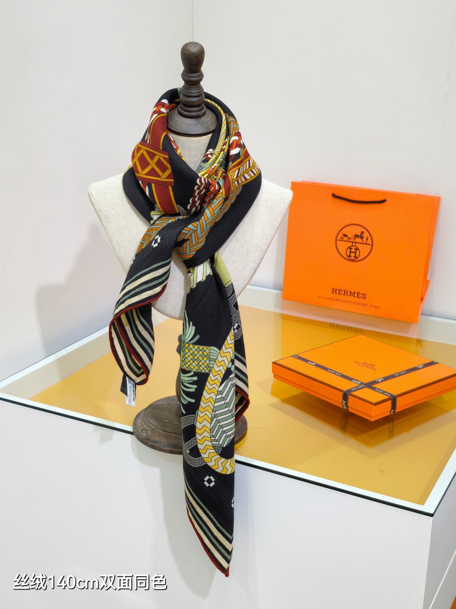 HM 26ss Double Sided Scarf 140 Black Beige Colorful Cashmere Silk 132451