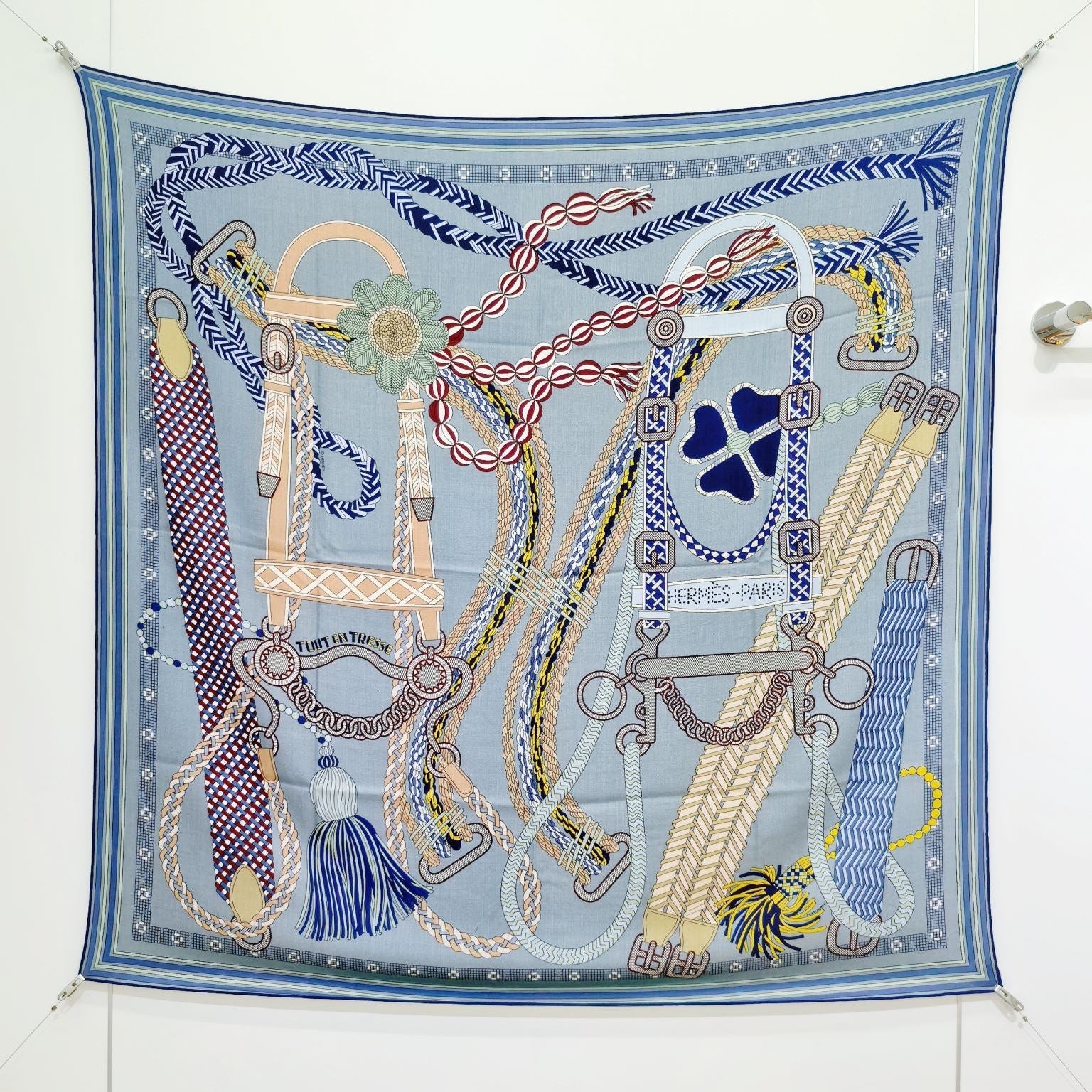 HM 26ss Double Sided Scarf 140 Blue Beige Colorful Cashmere Silk 132452