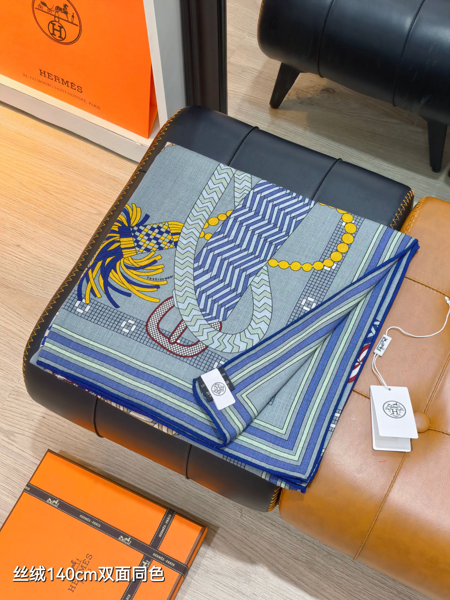 HM 26ss Double Sided Scarf 140 Blue Beige Colorful Cashmere Silk 132452