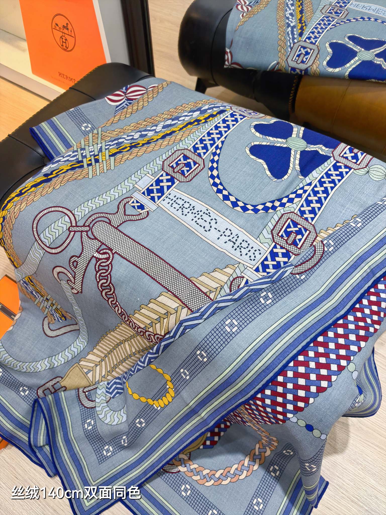 HM 26ss Double Sided Scarf 140 Blue Beige Colorful Cashmere Silk 132452