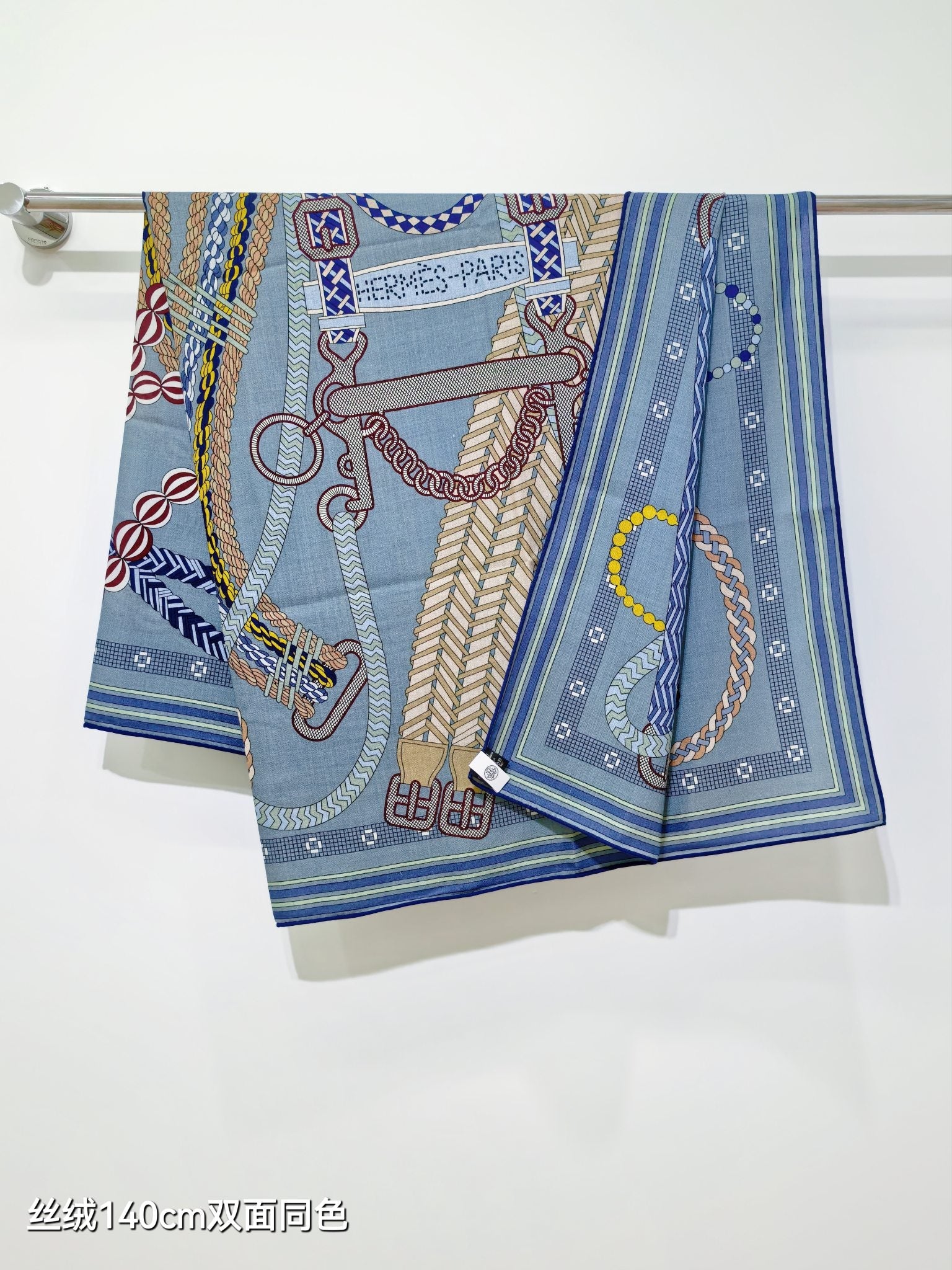 HM 26ss Double Sided Scarf 140 Blue Beige Colorful Cashmere Silk 132452