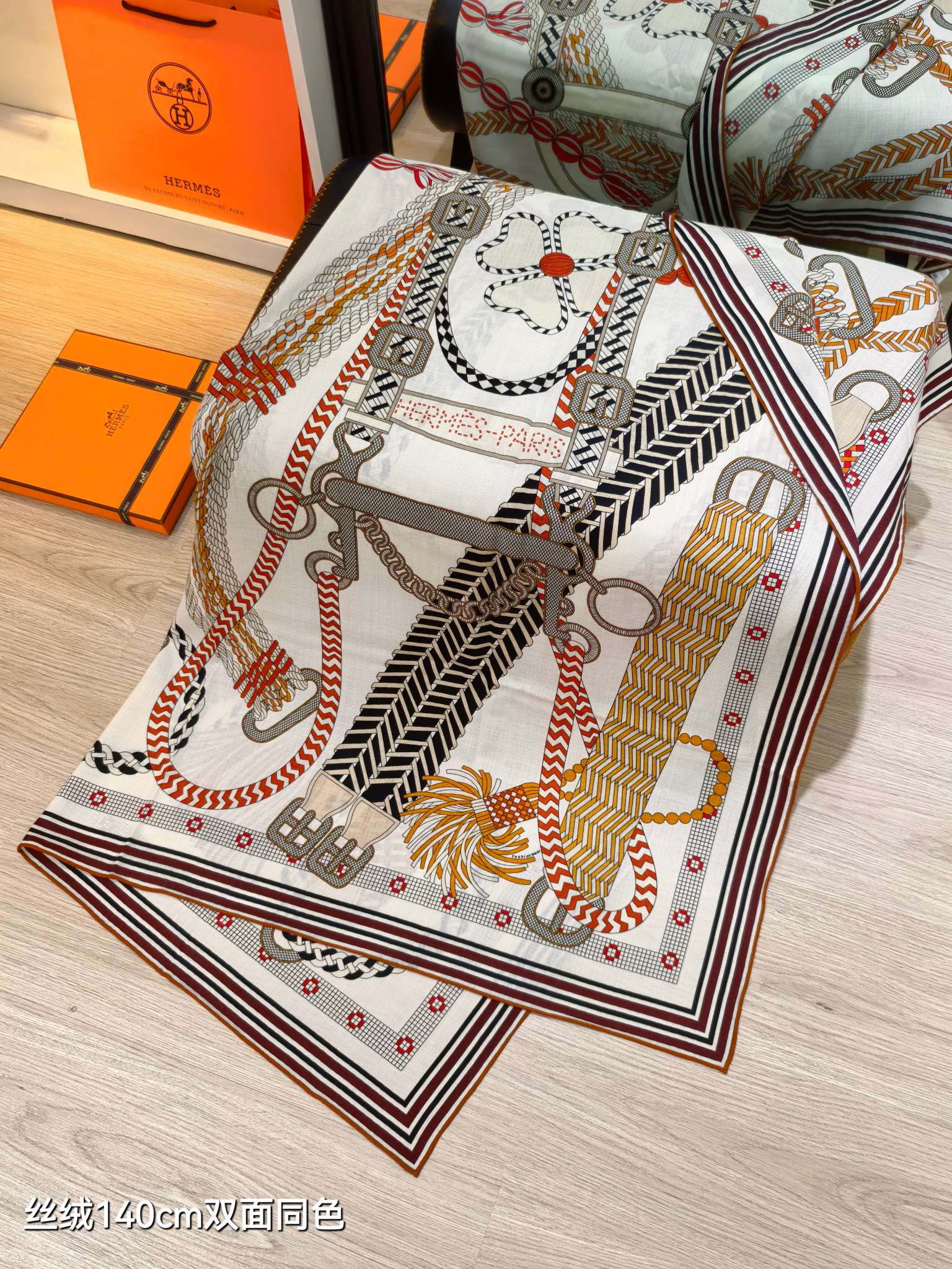 HM 26ss Double Sided Scarf 140 Black Beige Colorful Cashmere Silk 132453