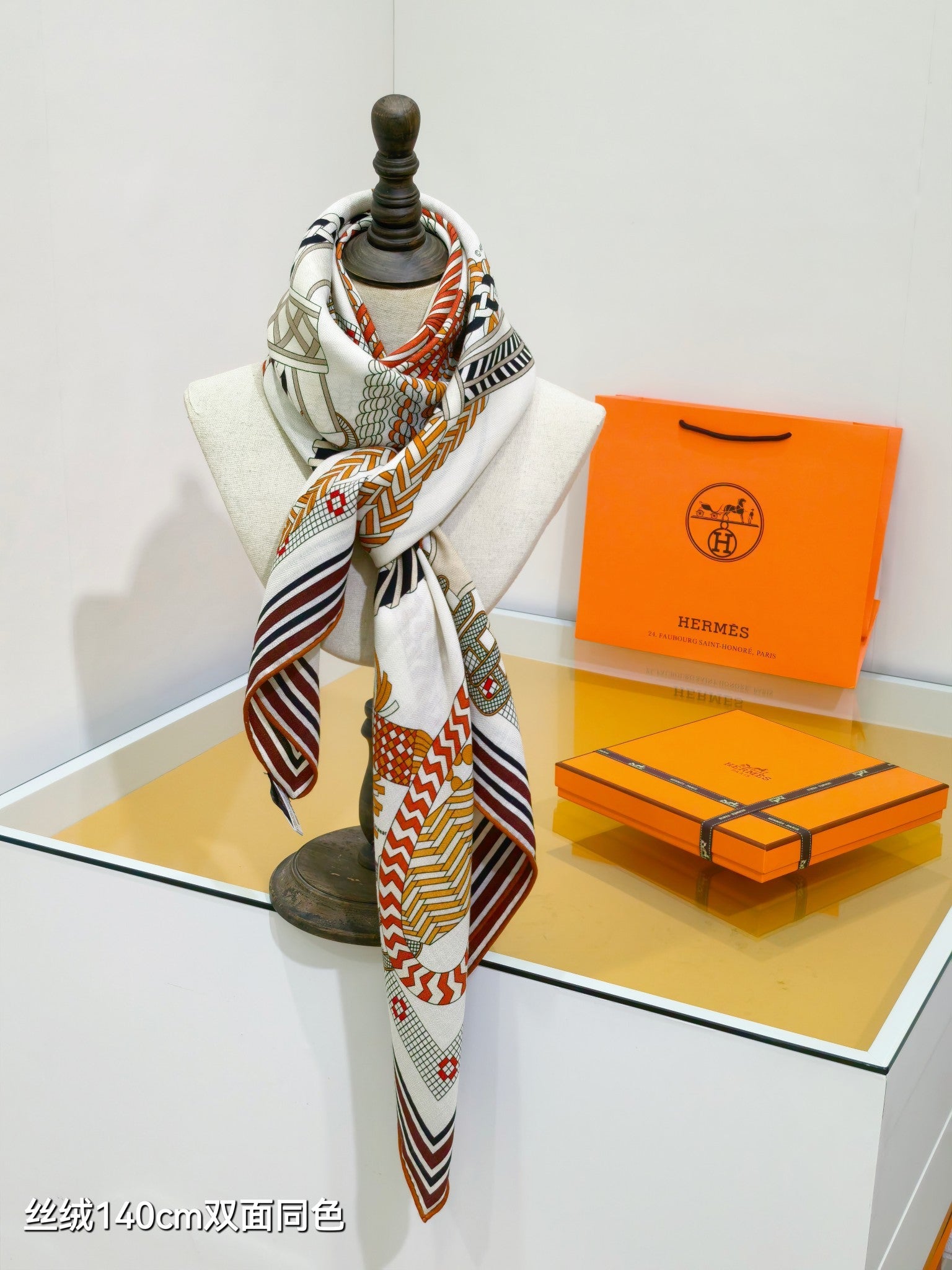 HM 26ss Double Sided Scarf 140 Black Beige Colorful Cashmere Silk 132453