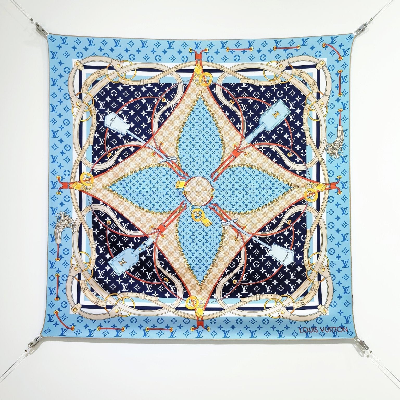 LV Double Sided Scarf 90 Blue Monogram Cashmere Silk 168756