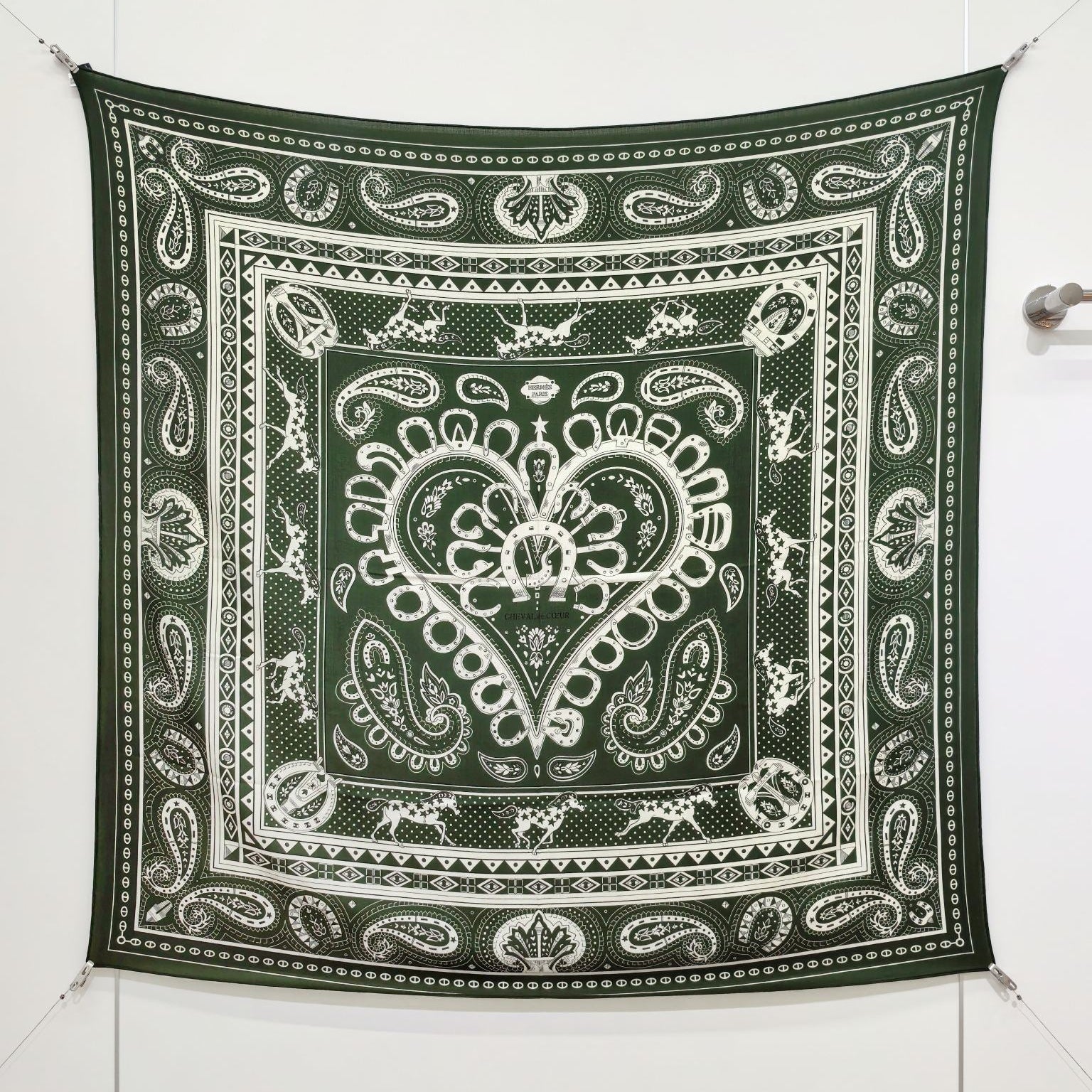 HM 26s Heart Horse Scarf 140 Dark Green Cashmere Silk 139235