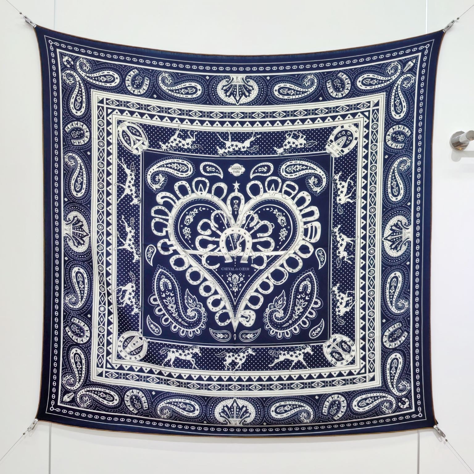 HM 26s Heart Horse Scarf 140 Navy Blue Cashmere Silk 139236