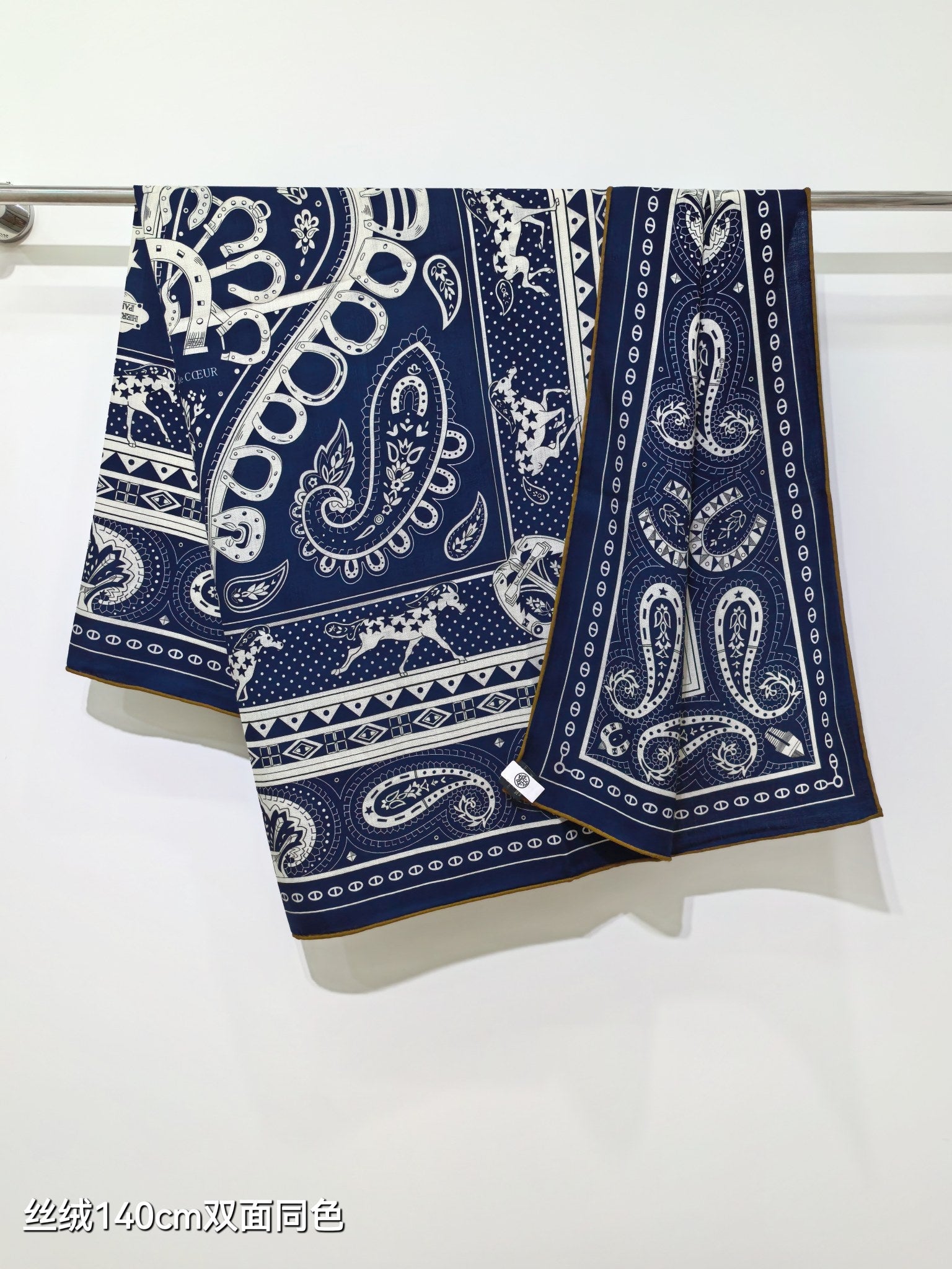 HM 26s Heart Horse Scarf 140 Navy Blue Cashmere Silk 139236