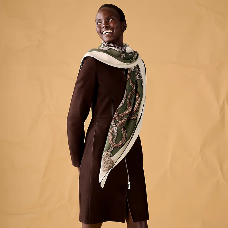 HM 26ss Double Sided Scarf 90 Green Beige Cashmere Silk 132454