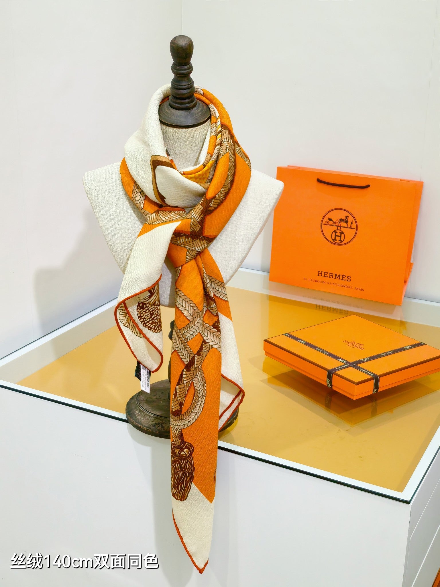 HM 26ss Double Sided Scarf 90 Orange Beige Cashmere Silk 132456