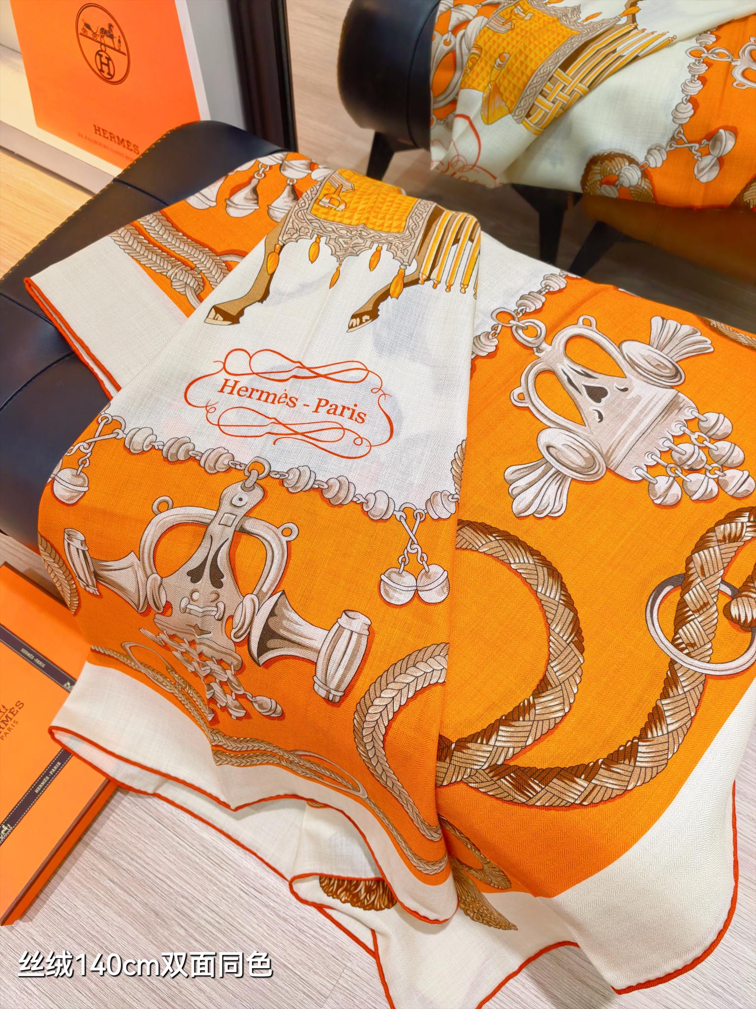 HM 26ss Double Sided Scarf 90 Orange Beige Cashmere Silk 132456