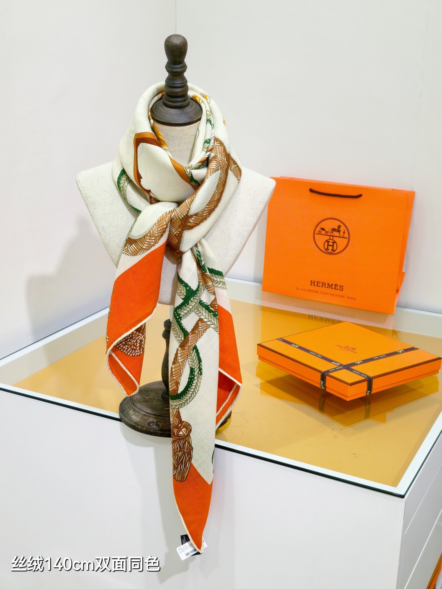 HM 26ss Double Sided Scarf 90 Orange Green Beige Cashmere Silk 132455