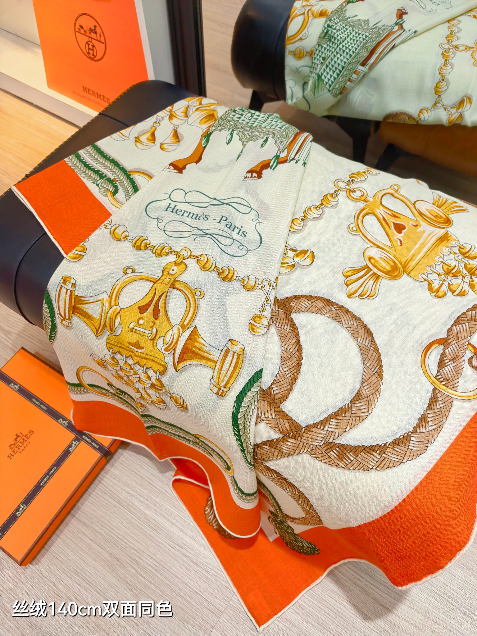 HM 26ss Double Sided Scarf 90 Orange Green Beige Cashmere Silk 132455