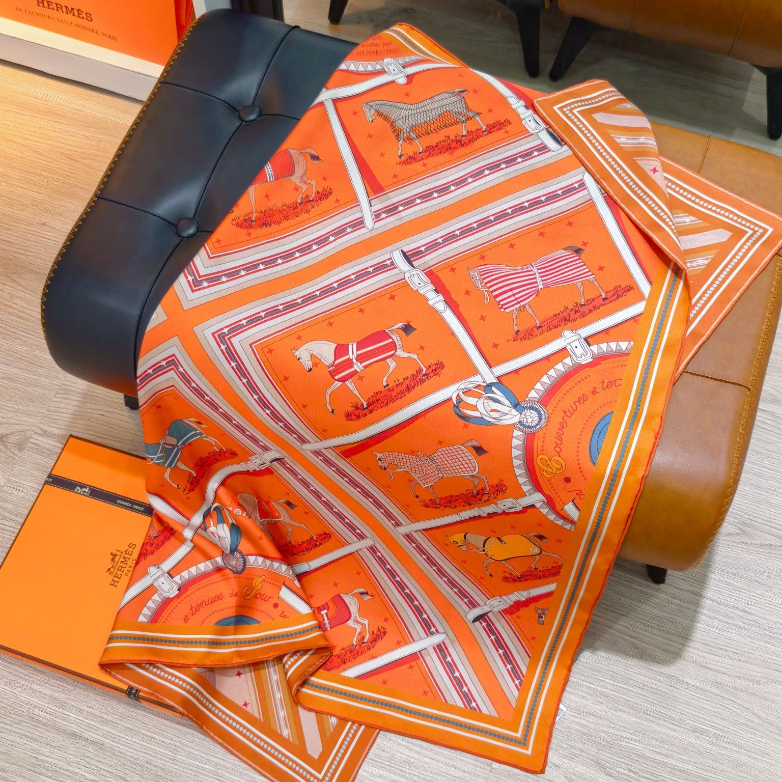 HM 26s Horse Scarf 140 Orange Colorful Cashmere Silk 139219