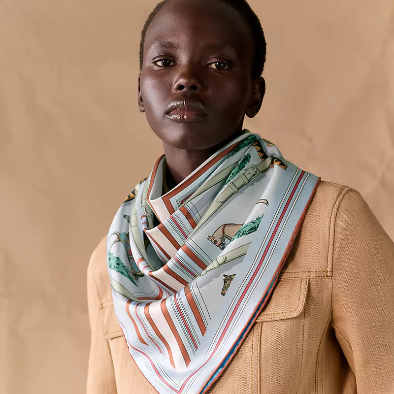 HM 26s Horse Scarf 140 Baby Blue Colorful Cashmere Silk 139221