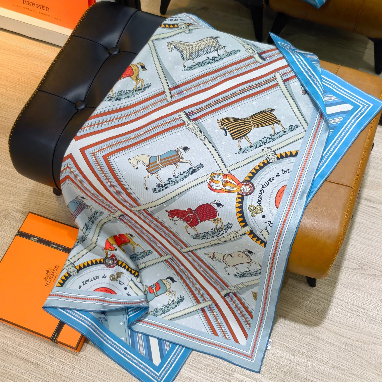 HM 26s Horse Scarf 140 Baby Blue Colorful Cashmere Silk 139221