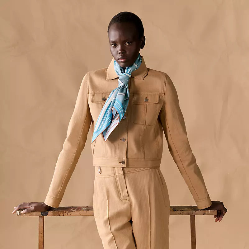 HM 26s Horse Scarf 140 Baby Blue Colorful Cashmere Silk 139221