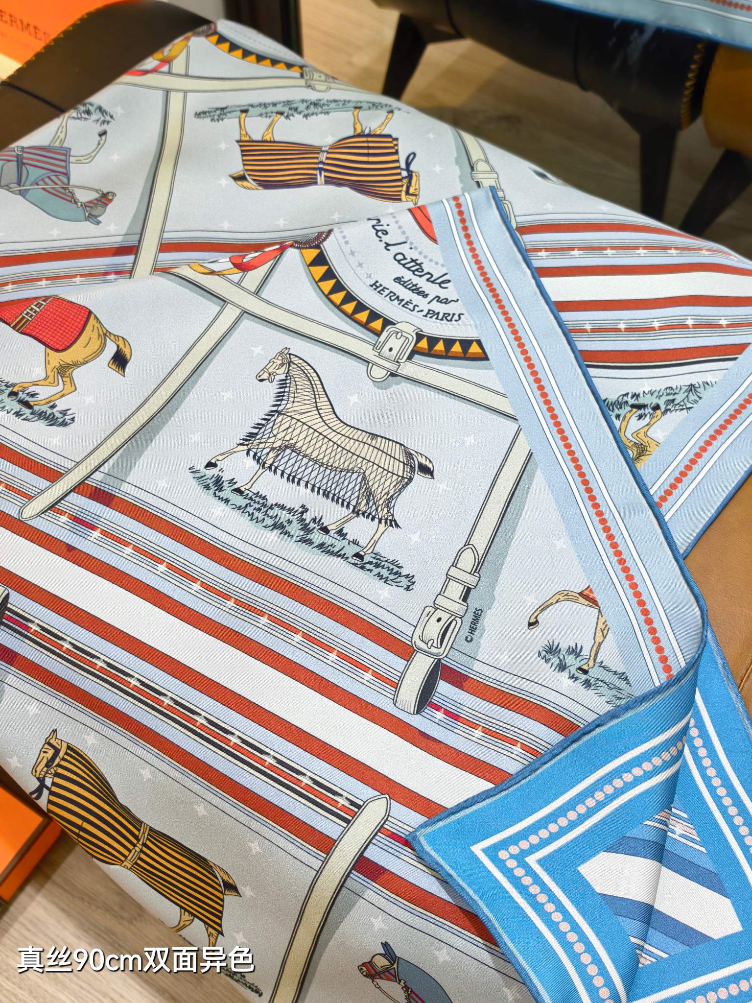 HM 26s Horse Scarf 140 Baby Blue Colorful Cashmere Silk 139221