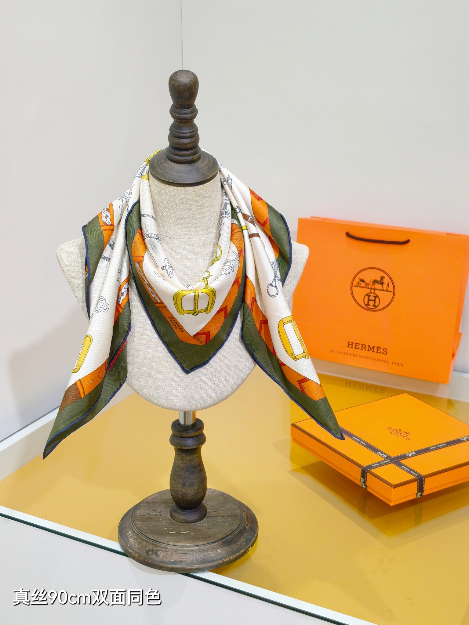 HM 26ss Sweet Saddle Scarf 90 Beige Black Green Colorful Twill Silk 132423