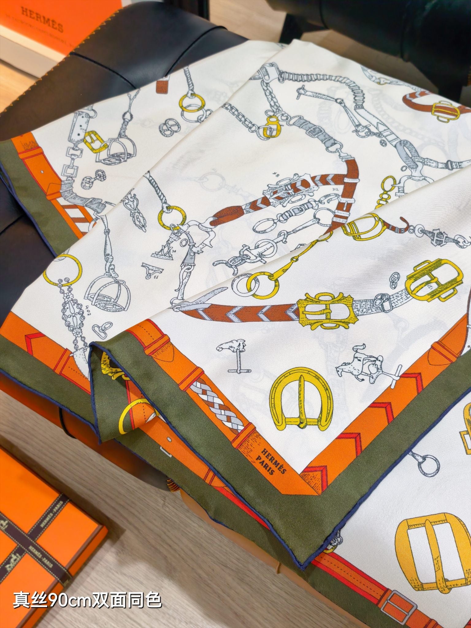 HM 26ss Sweet Saddle Scarf 90 Beige Black Green Colorful Twill Silk 132423