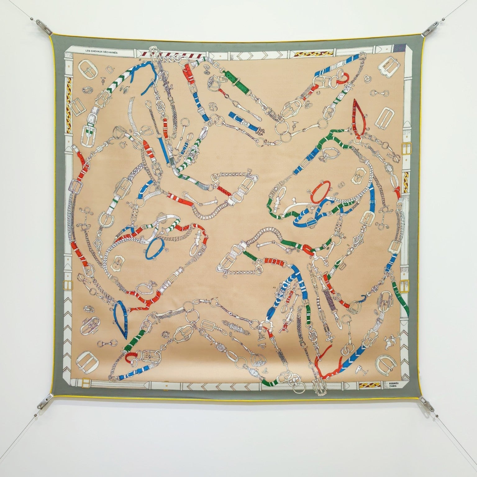 HM 26ss Sweet Saddle Scarf 90 Beige Gray Colorful Twill Silk 132422