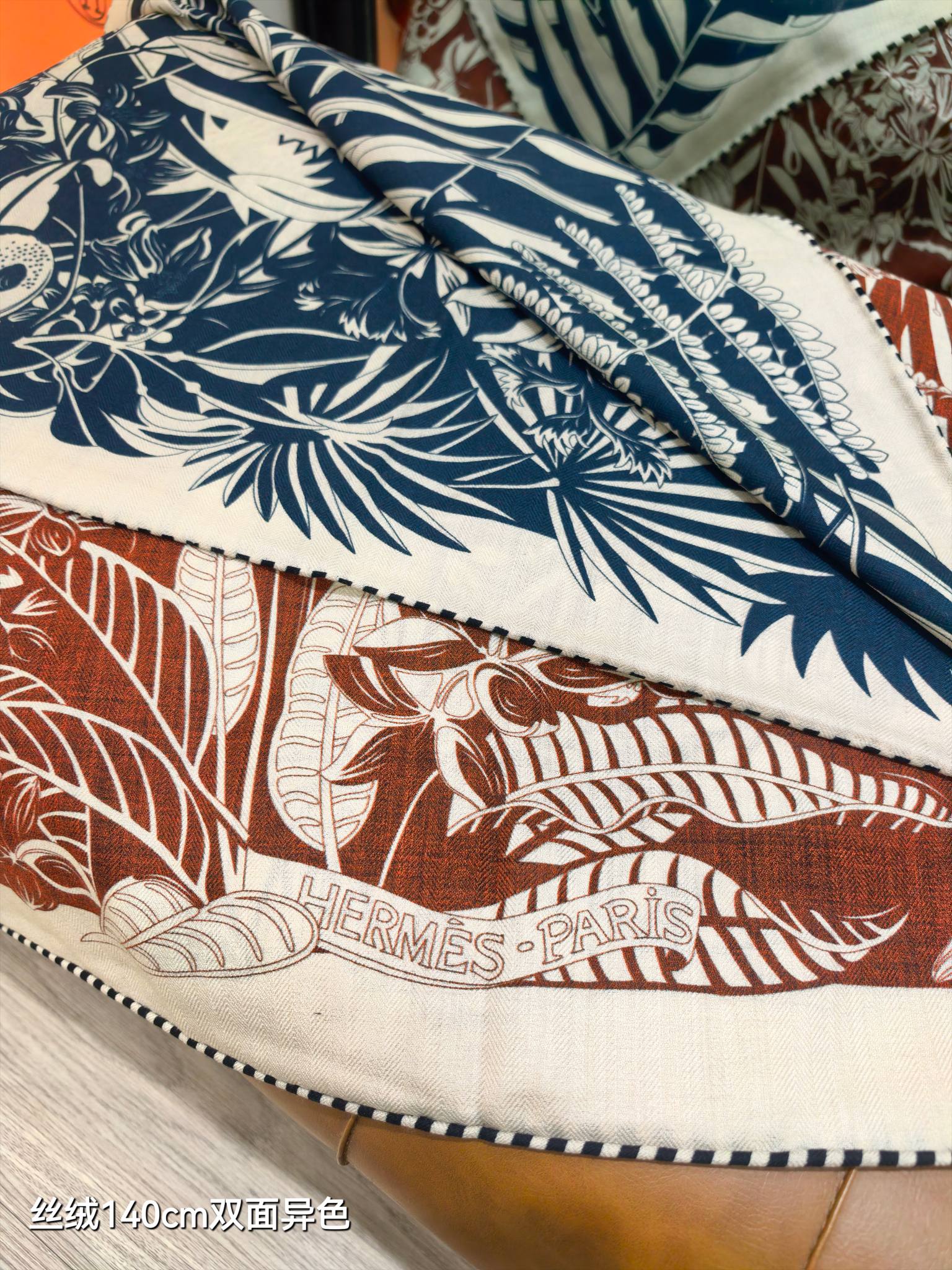 HM 26s Flamingo Party Scarf 140 Terracotta Blue Cashmere Silk 139239