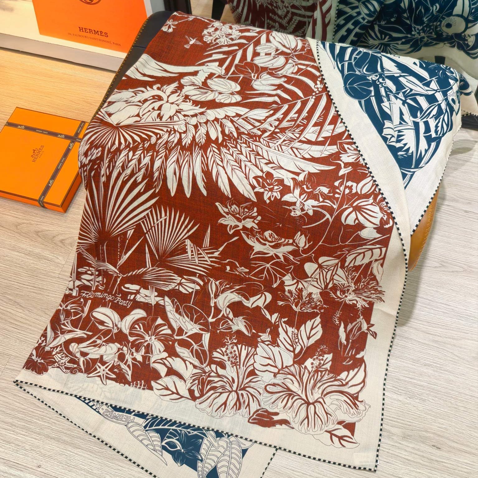 HM 26s Flamingo Party Scarf 140 Terracotta Blue Cashmere Silk 139239