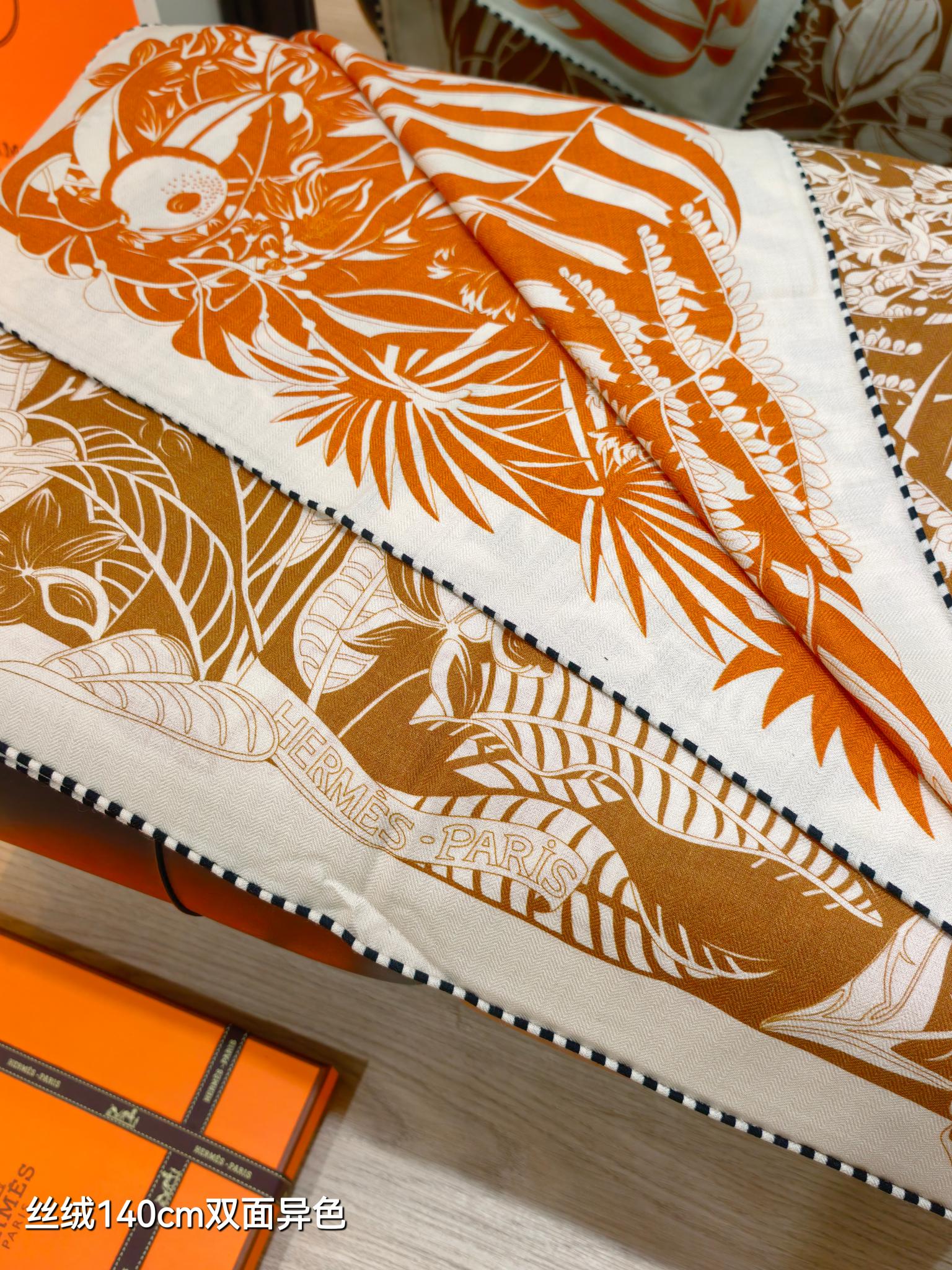 HM 26s Flamingo Party Scarf 140 Orange Brown Cashmere Silk 139241