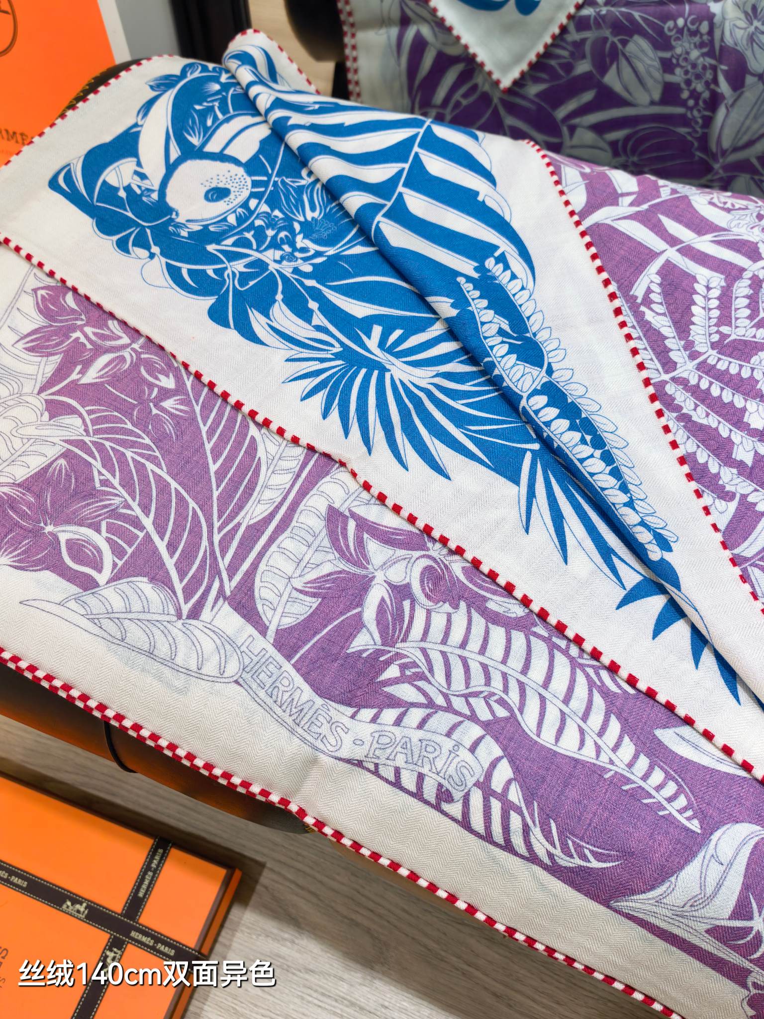 HM 26s Flamingo Party Scarf 140 Purple Blue Cashmere Silk 139243