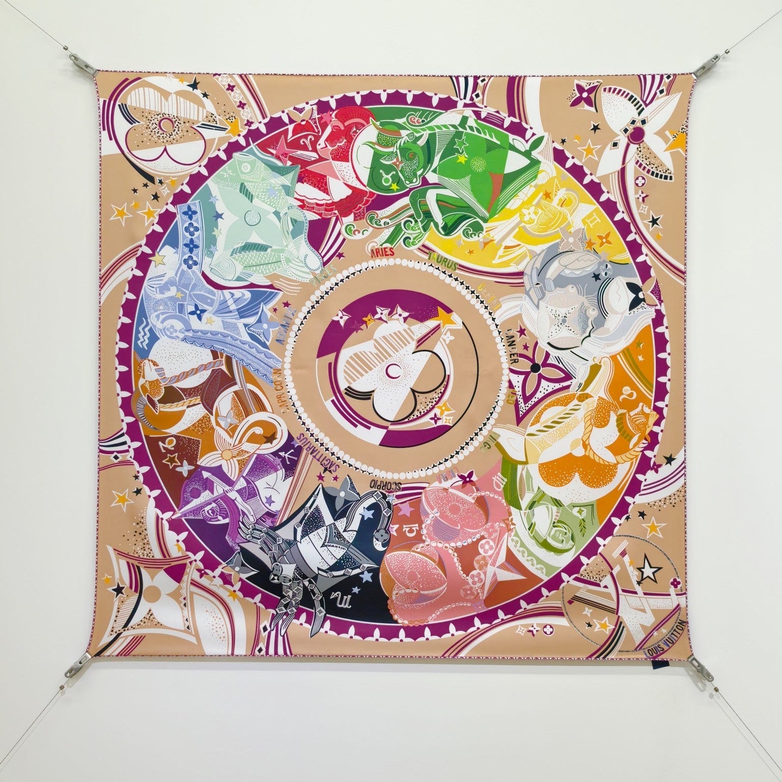 LV Double Sided Scarf 90 Beige Pink Colorful Mulberry Silk 168789