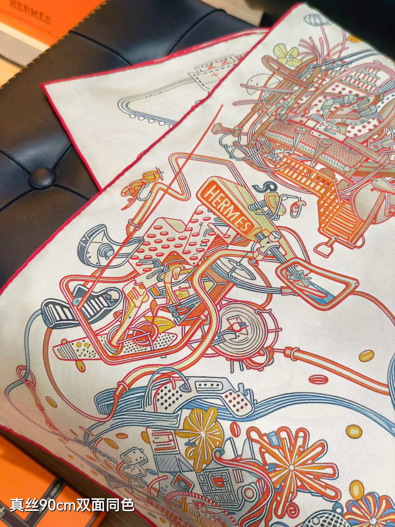 HM 26ss Amazon Scarf 90 Orange White Colorful Twill Silk 126317