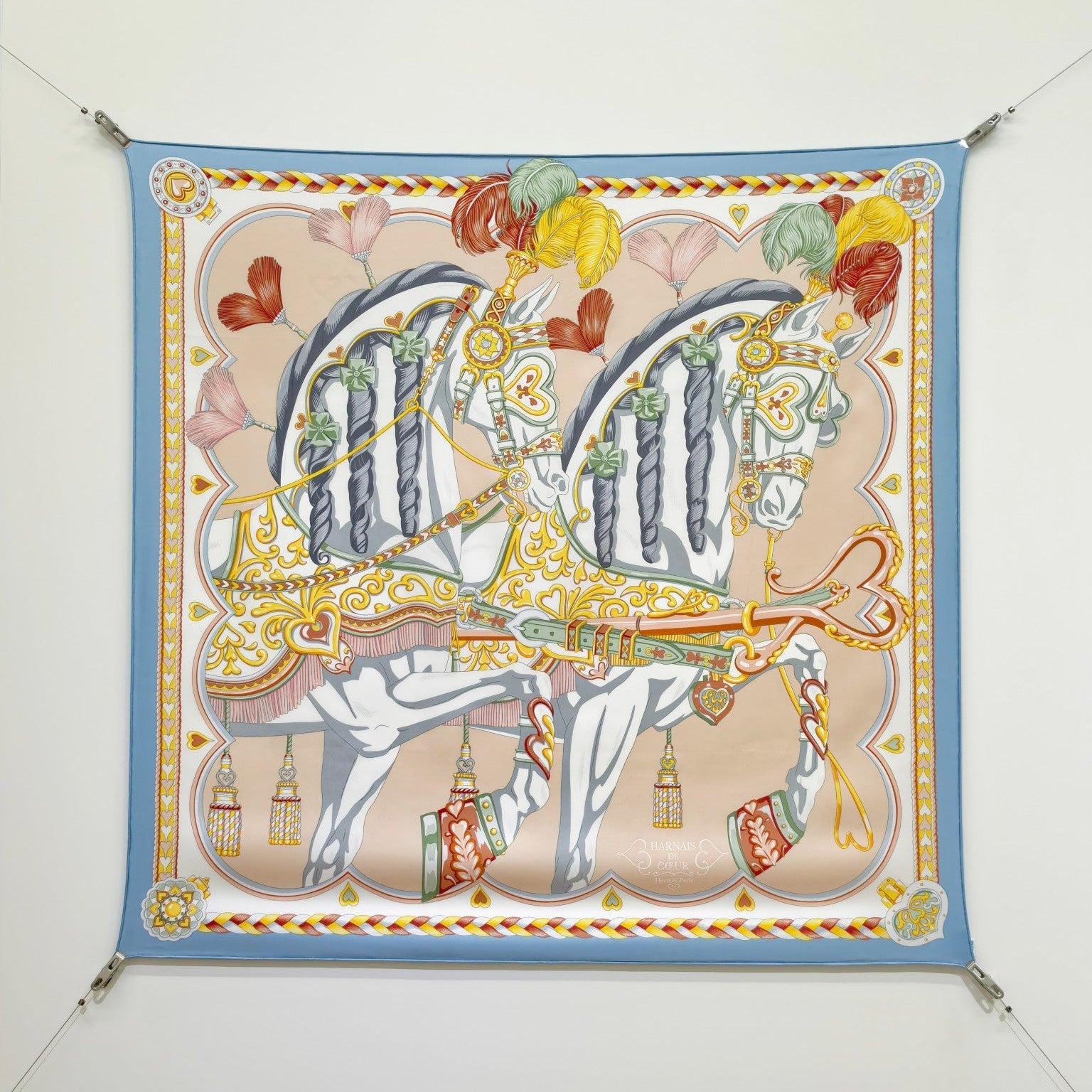 HM 26ss Sweet Saddle Scarf 90 Blue Beige Colorful Twill Silk 132425